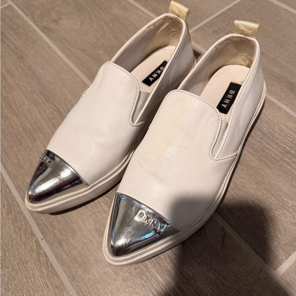 DKNY Women's White and Silver Slip-On Sneakers